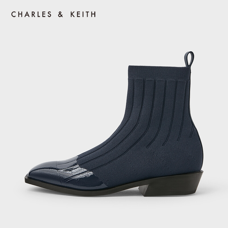 CHARLES＆KEITH2021春季CK1-90920076女士拼接鞋面方头低跟袜靴瘦瘦靴