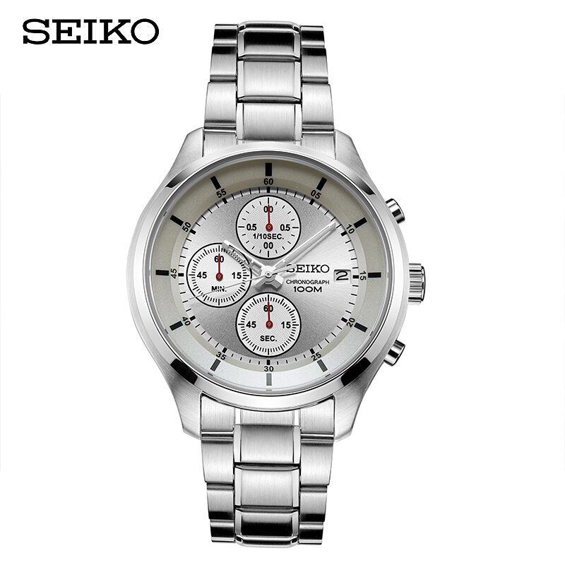 精工（SEIKO）男表三眼计时100米防水商务休闲时尚白盘钢带石英表